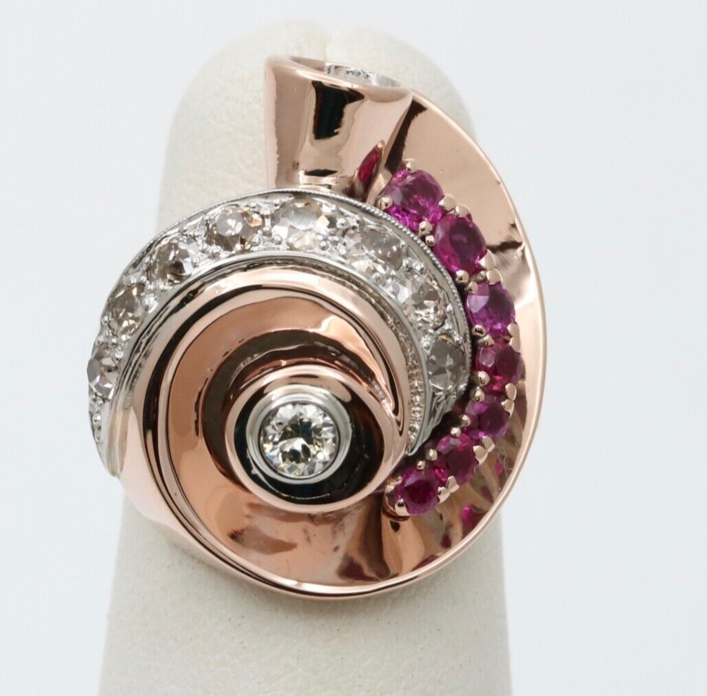 Retro 14K Rose & White Gold Diamond And Ruby Statement Spiral Ring