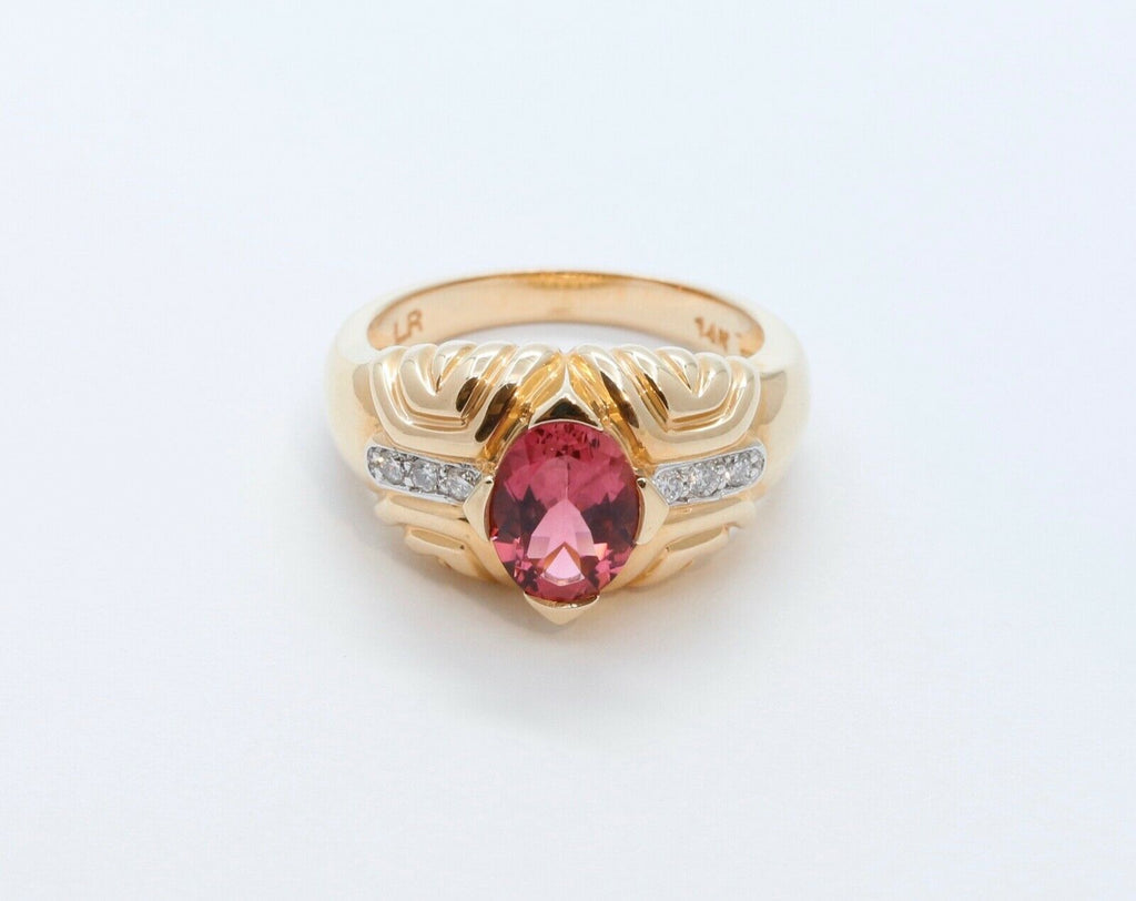 Vintage Large Tourmaline Diamonds 14K Yellow Gold Cocktail Ring