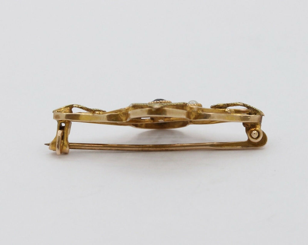 Art Nouveau 10K Yellow Gold Sapphire Pearl Brooch