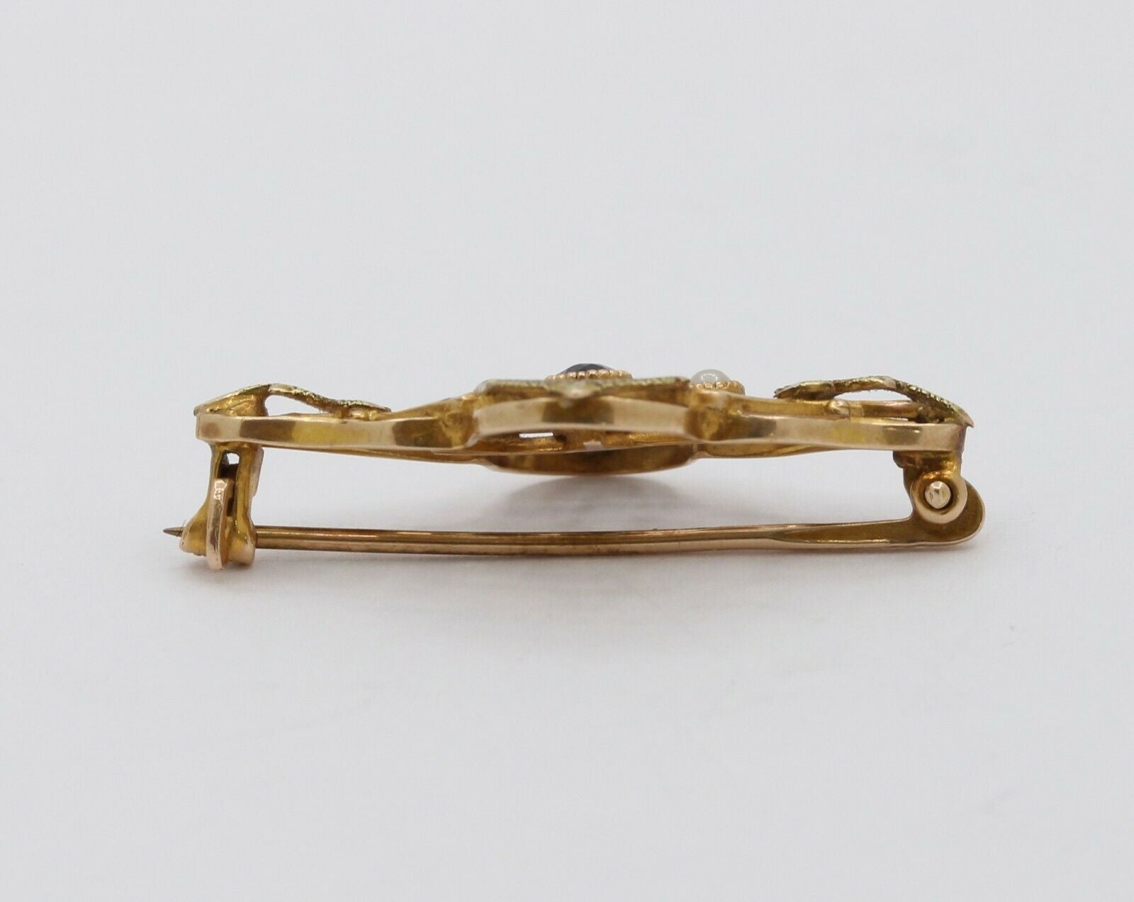 Art Nouveau 10K Yellow Gold Sapphire Pearl Brooch