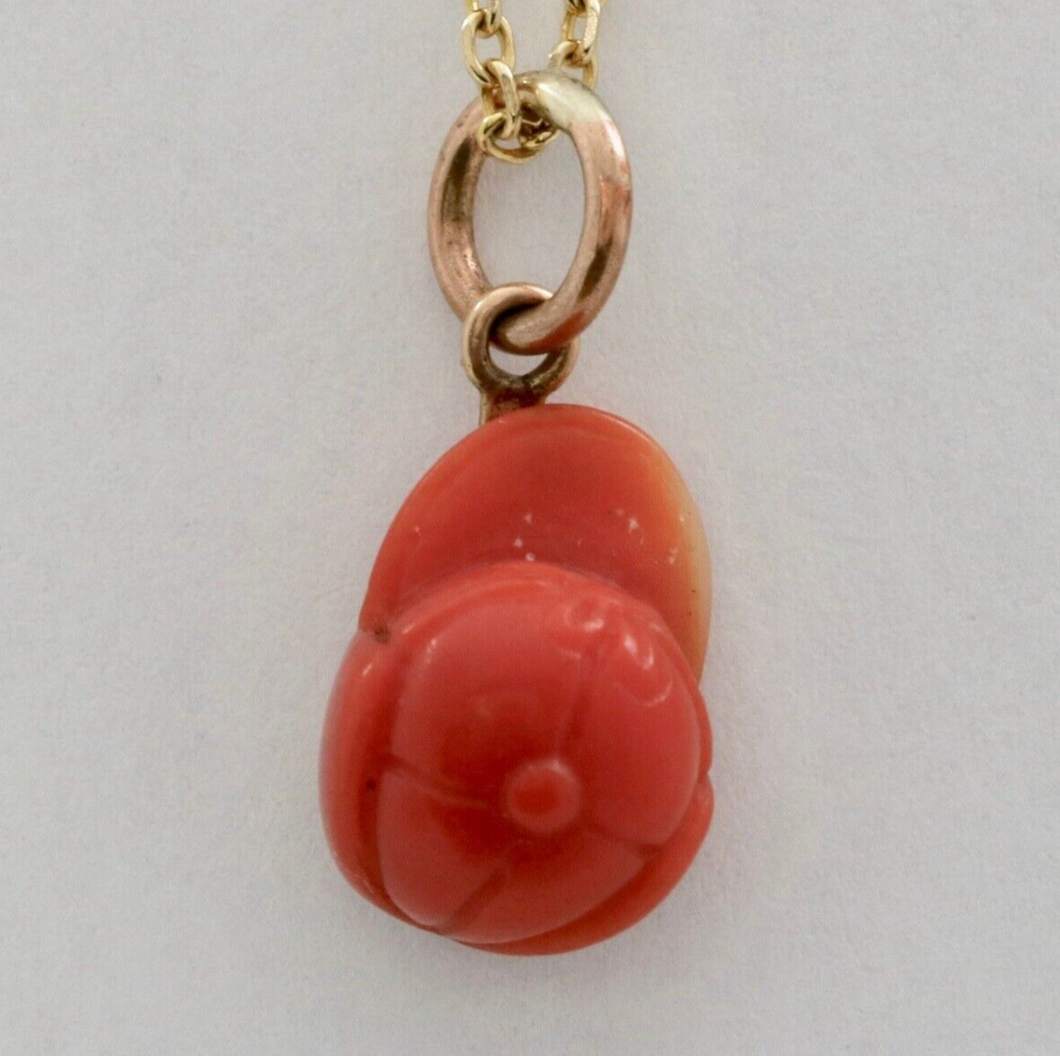 Antique 14K Rose gold Carved Coral Helmet / Cap Charm Pendant