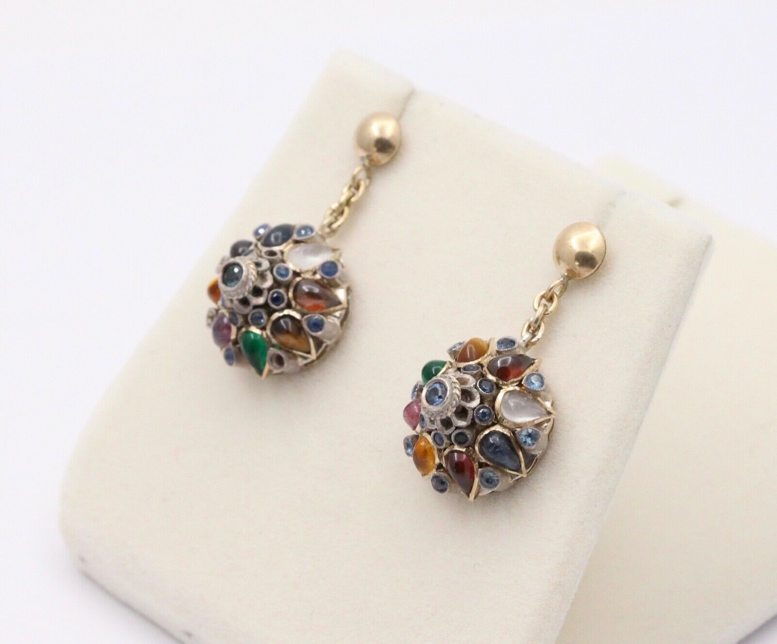 Vintage 14K Yellow Gold Multi- Color Gems Dangling Earrings