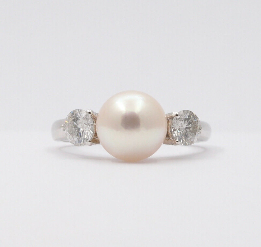 Classic Vintage 18K White Gold Akoya Pearl Diamond Ring,