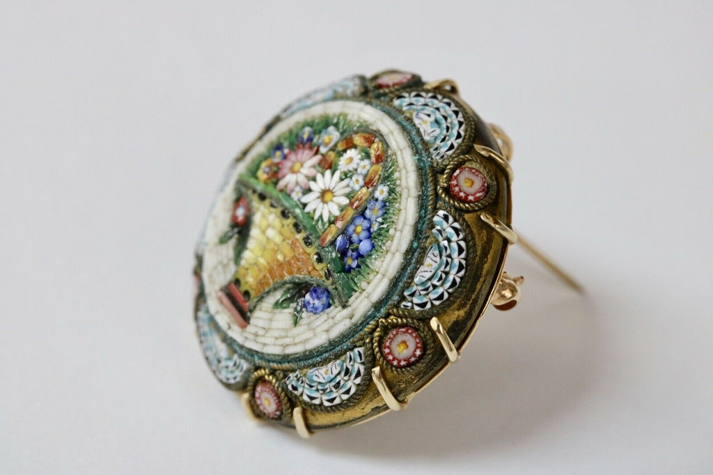 Victorian Revival Italian Micro Mosaic Flower Basket Brooch Pin