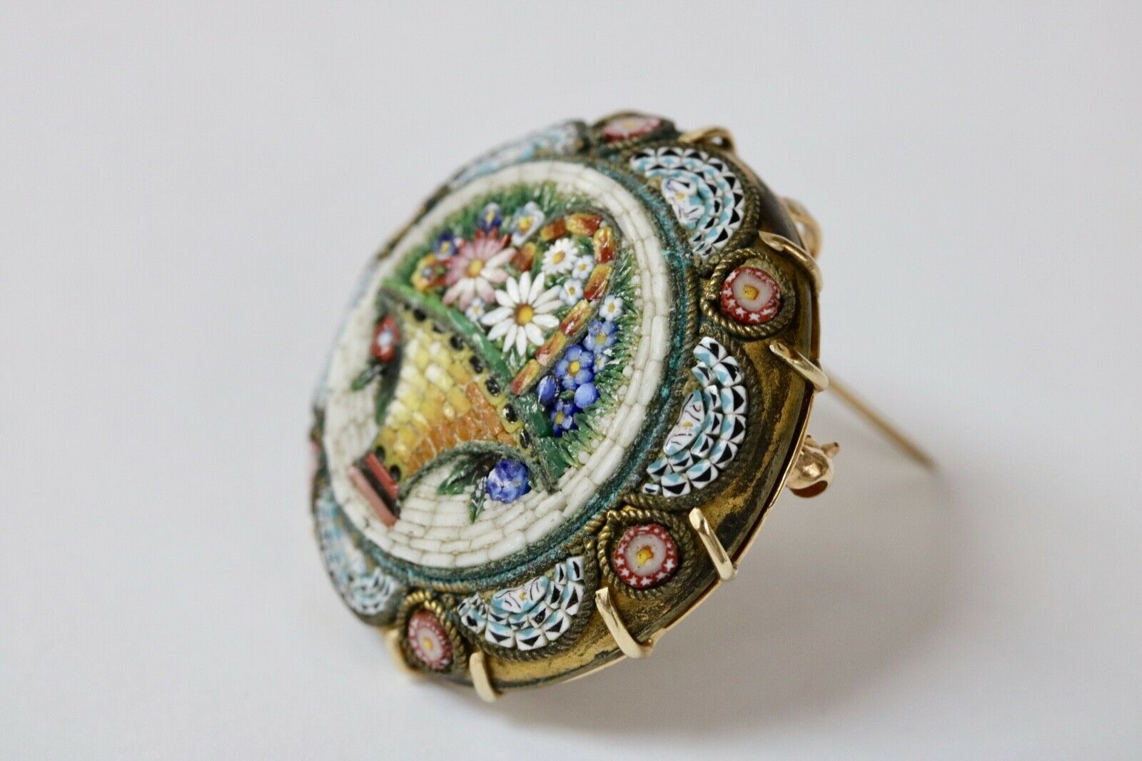 Victorian Revival Italian Micro Mosaic Flower Basket Brooch Pin