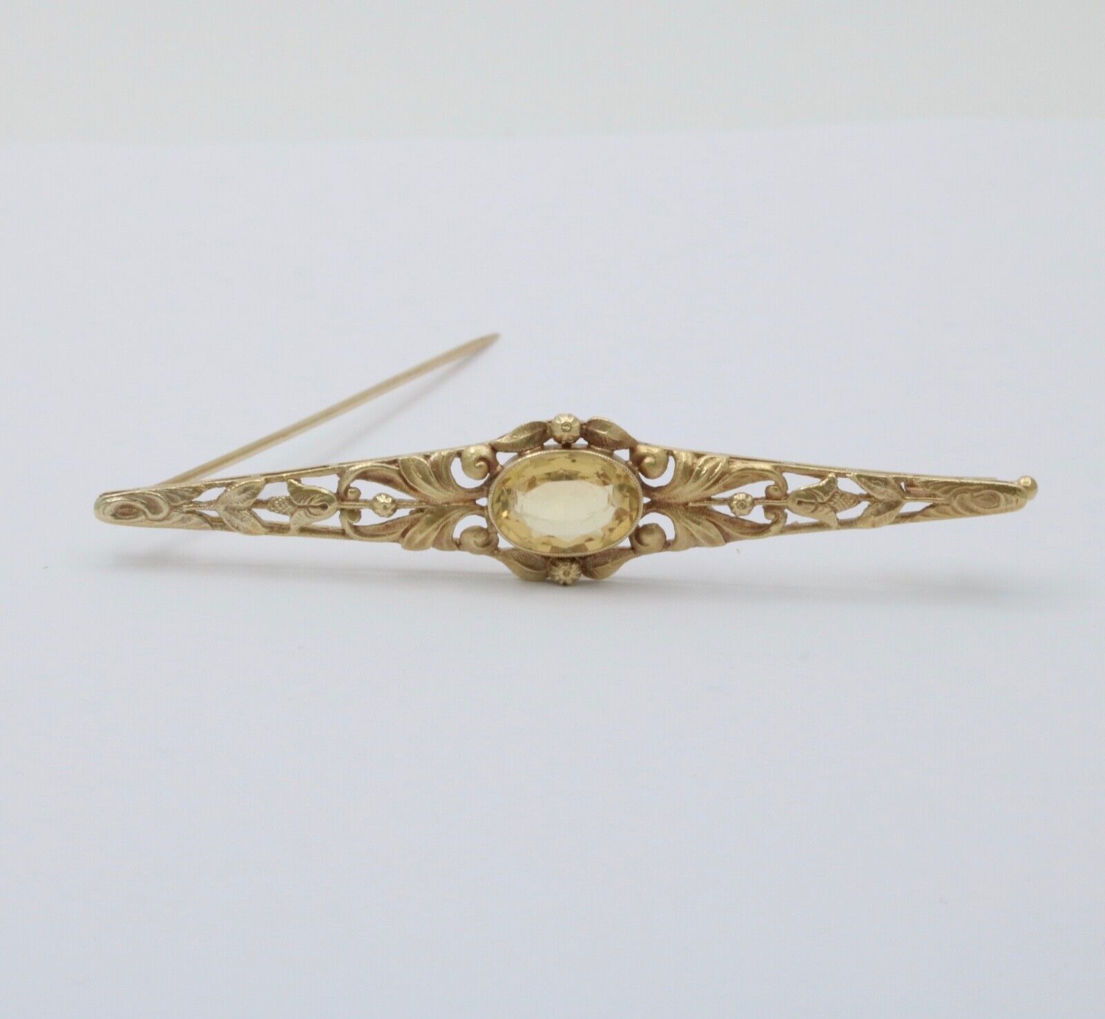 Antique Art Nouveau 14K Yellow Gold Citrine Bar Brooch, Pin
