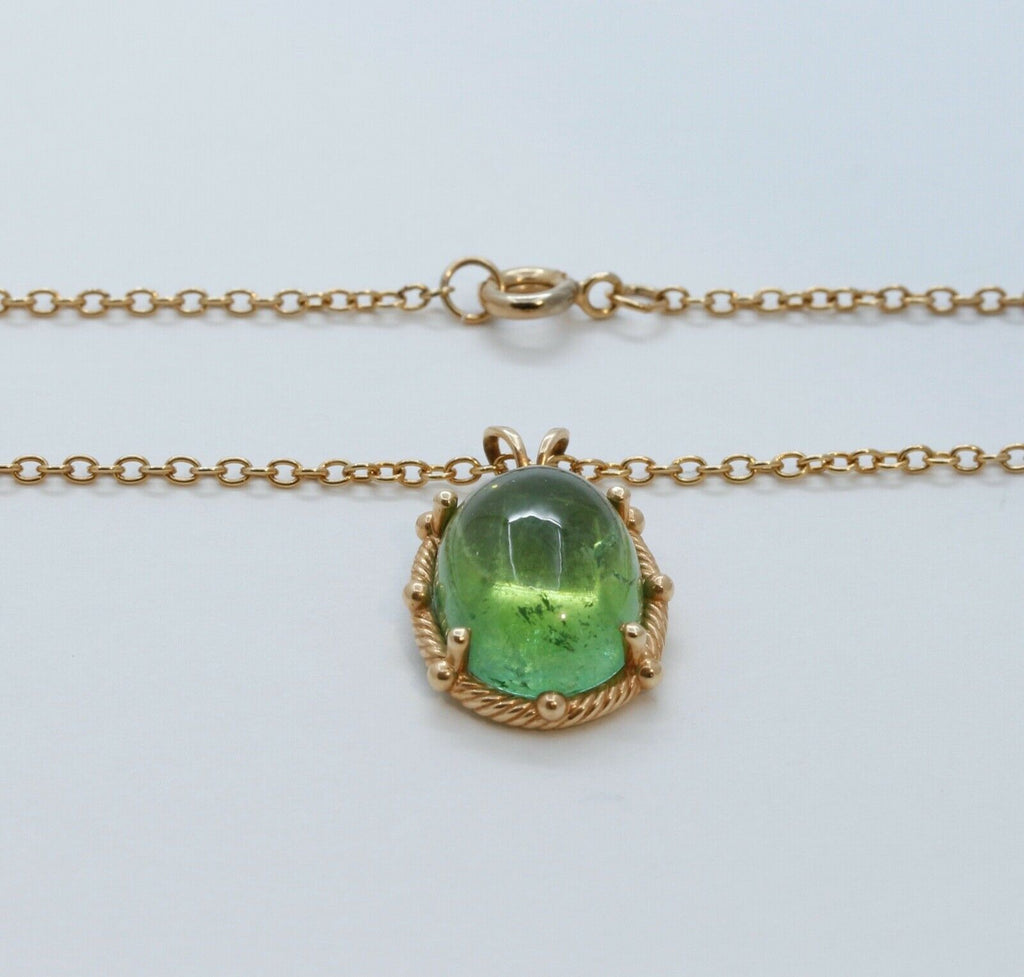 Vintage Cabochon Green Tourmaline 14K Yellow Gold Pendant