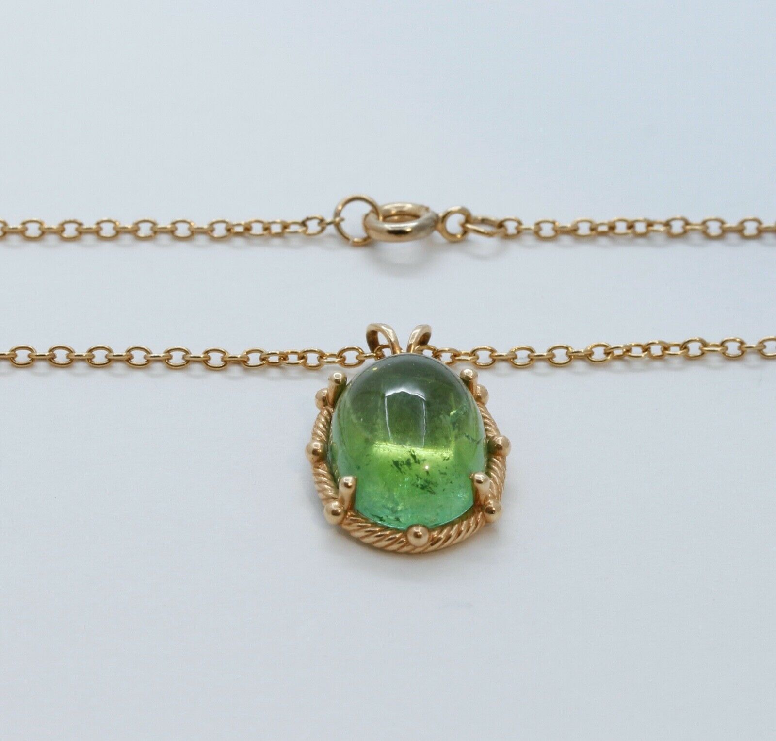 Vintage Cabochon Green Tourmaline 14K Yellow Gold Pendant