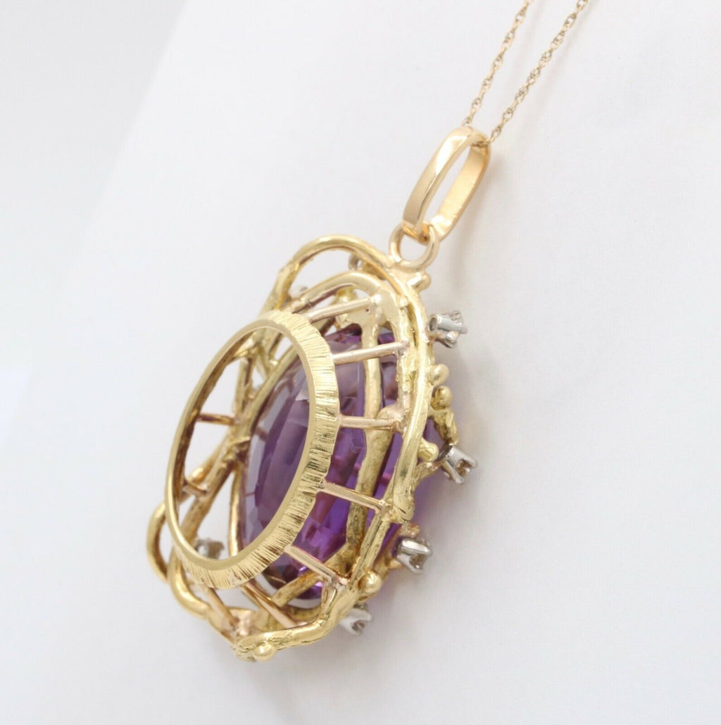 Beautiful Vintage Amethyst Diamonds 18K Yellow Gold Vines Pendant