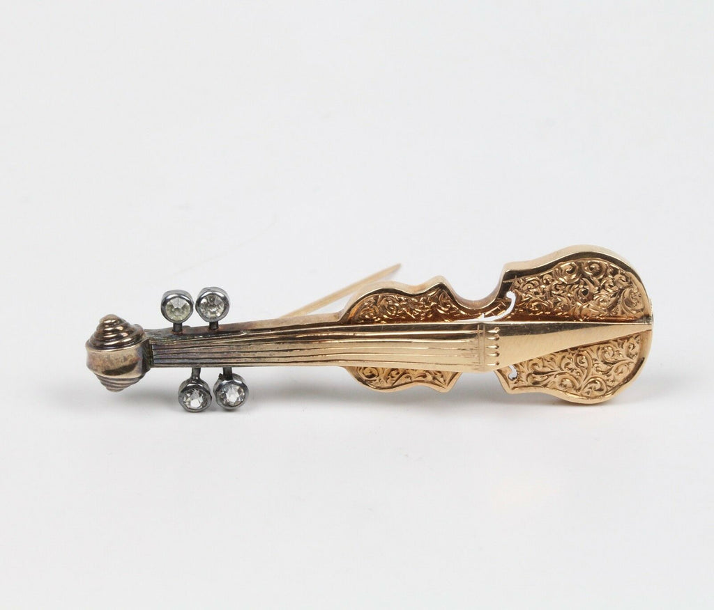 Vintage Violin Brooch Pin 14K Yellow Gold