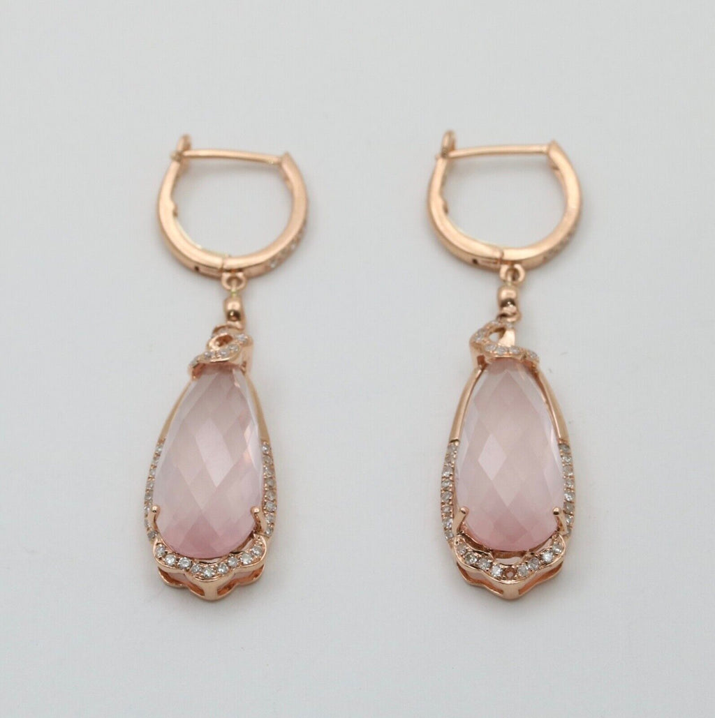 Lovely 14K Rose Gold Pink Quartz & Diamond Drop Earrings.