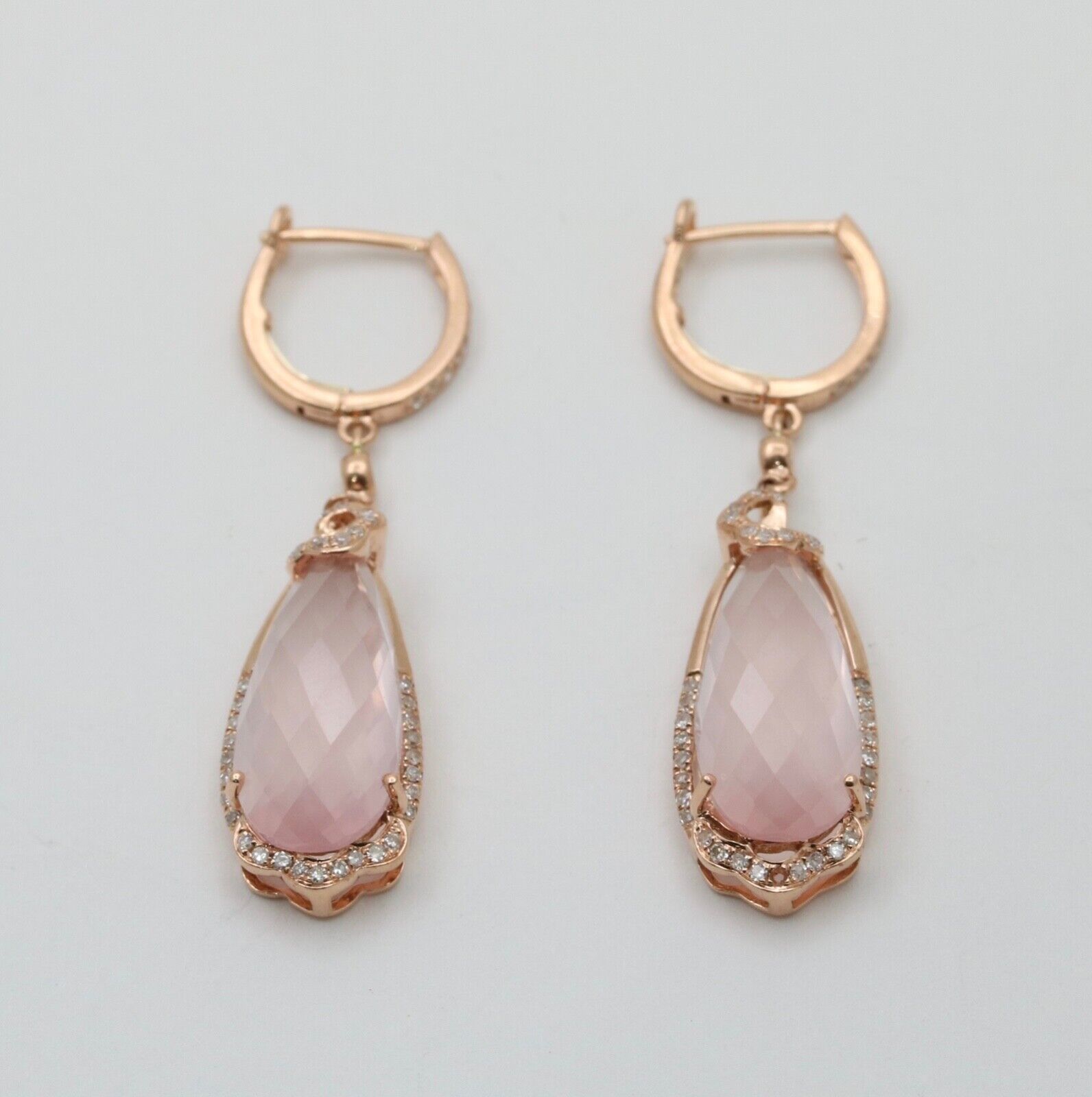 Lovely 14K Rose Gold Pink Quartz & Diamond Drop Earrings.