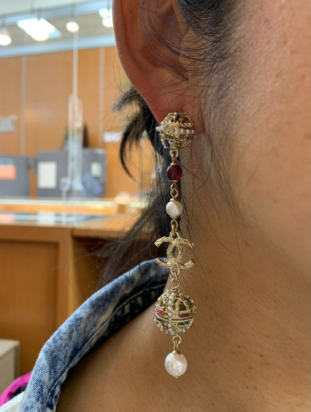 Chanel CC Logo Long Dangling Earrings with Crystal Pearls