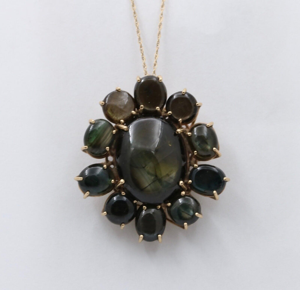 Vintage 14K Gold Black Star Sapphire Flower Pendant , Necklace