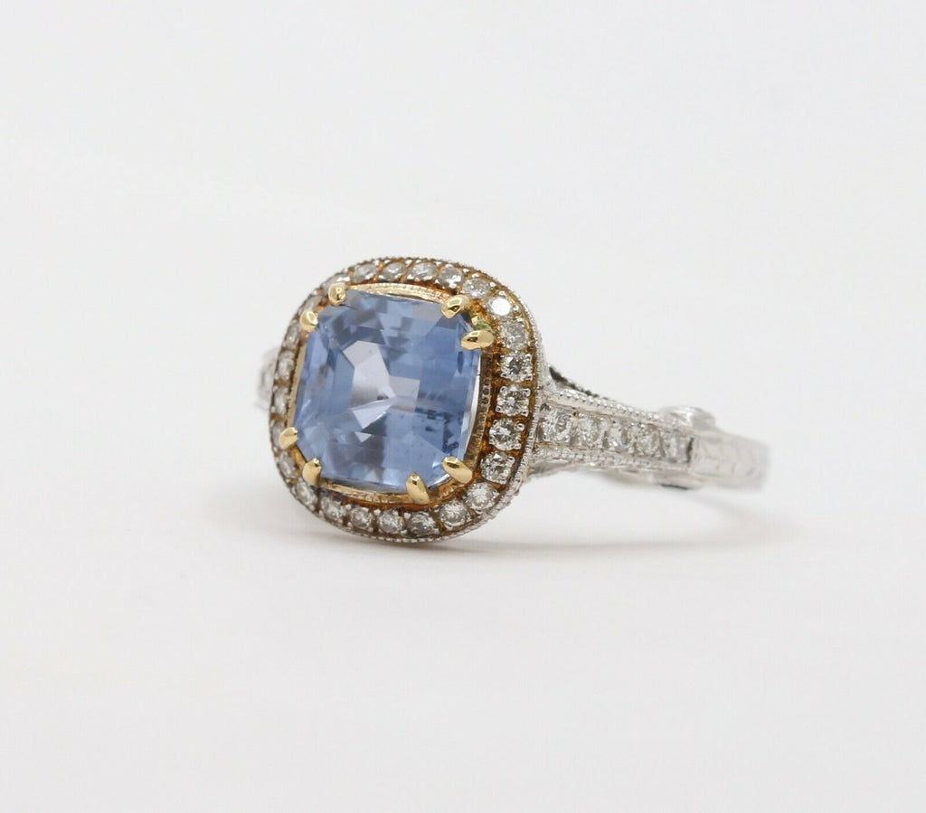 Vintage 18K White Gold Halo Setting Natural Sapphire Diamond Alternative Engagem