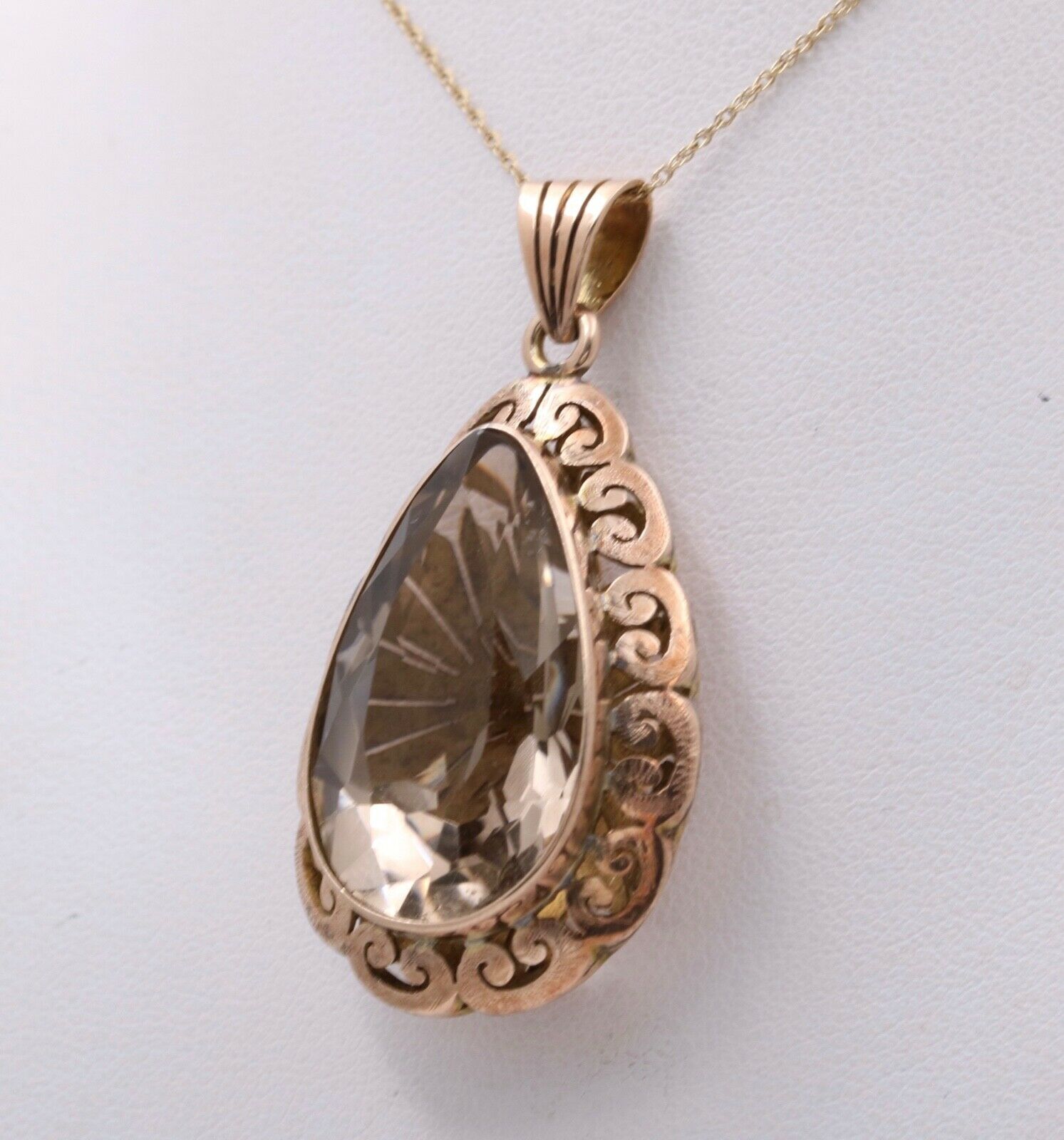 Vintage 14K Rose Gold Pear Shape Smoky Topaz  Pendant , Necklace