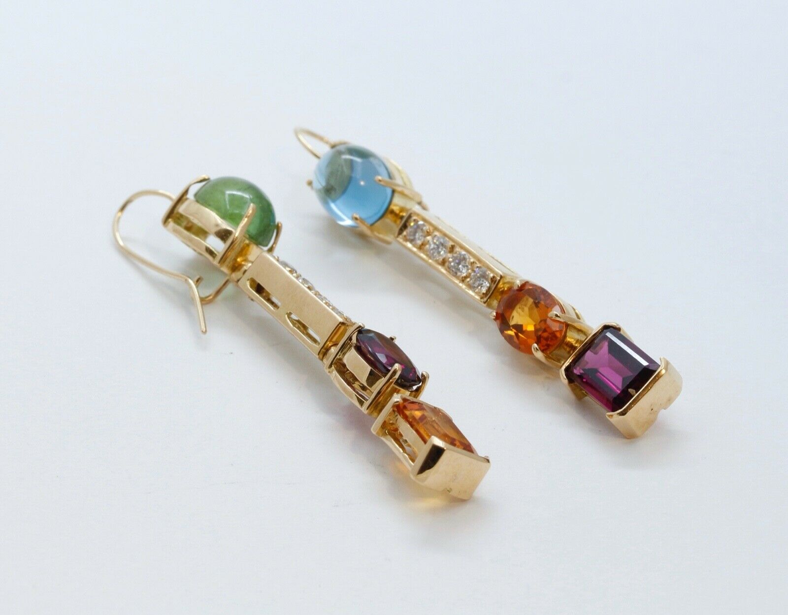Vintage 18K Multi Stone Dangle Earrings Topaz Peridot Amethyst Diamonds Citrine