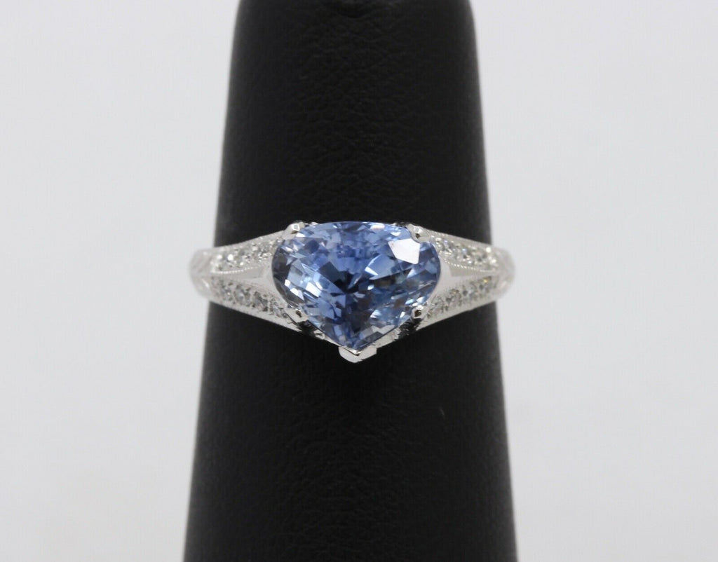 Uniquely Shaped Blue Sapphire and Diamonds 18K White Gold Ring