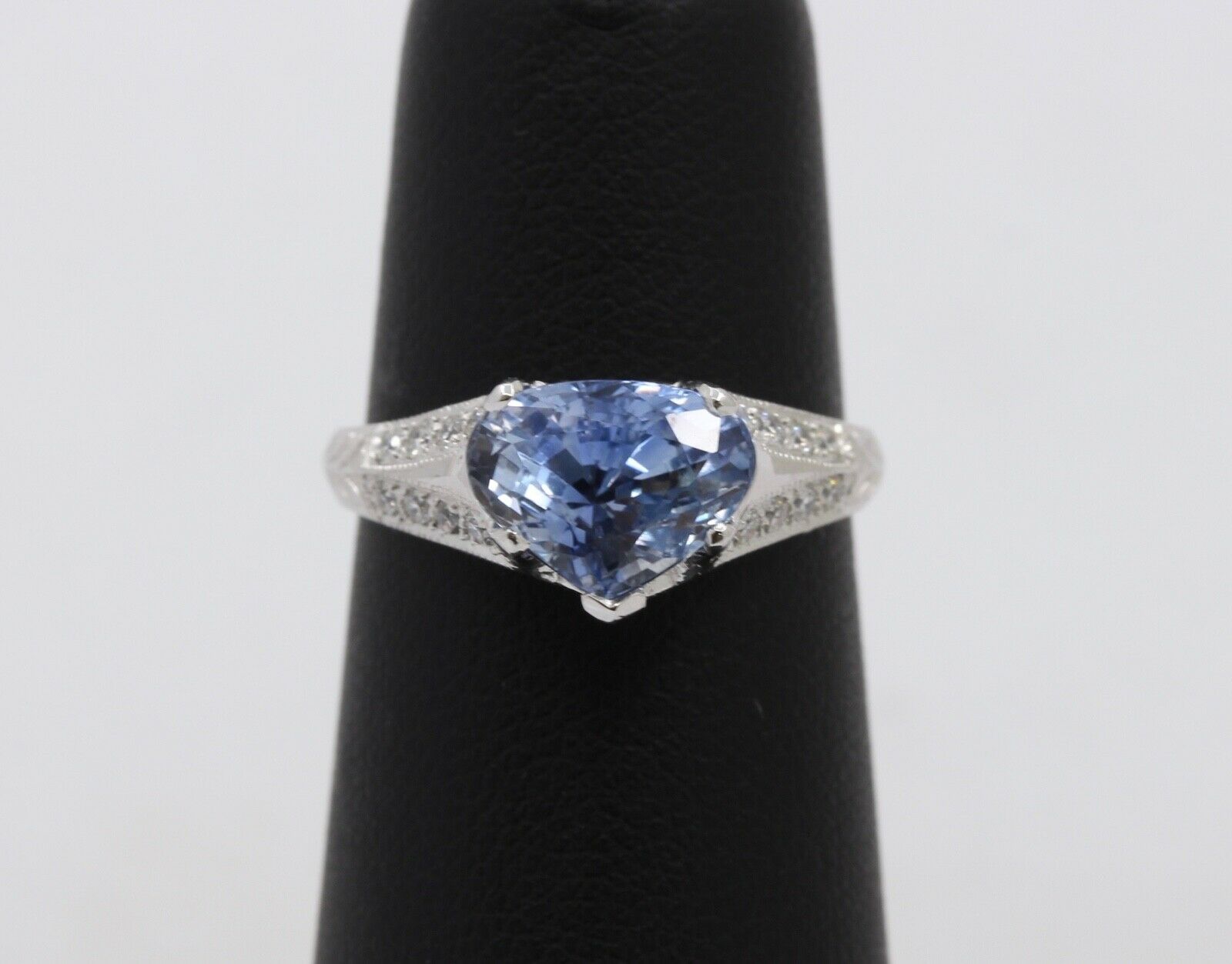 Uniquely Shaped Blue Sapphire and Diamonds 18K White Gold Ring