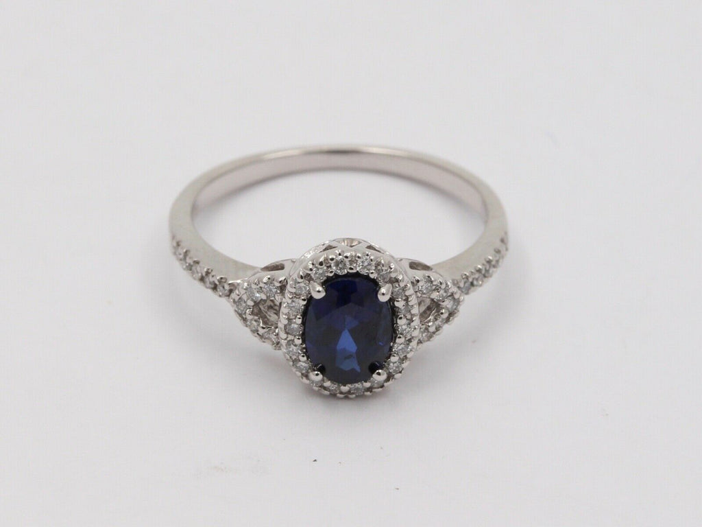 Vintage Cushion Cut Sapphire and Diamond Halo 14K White Gold Ring