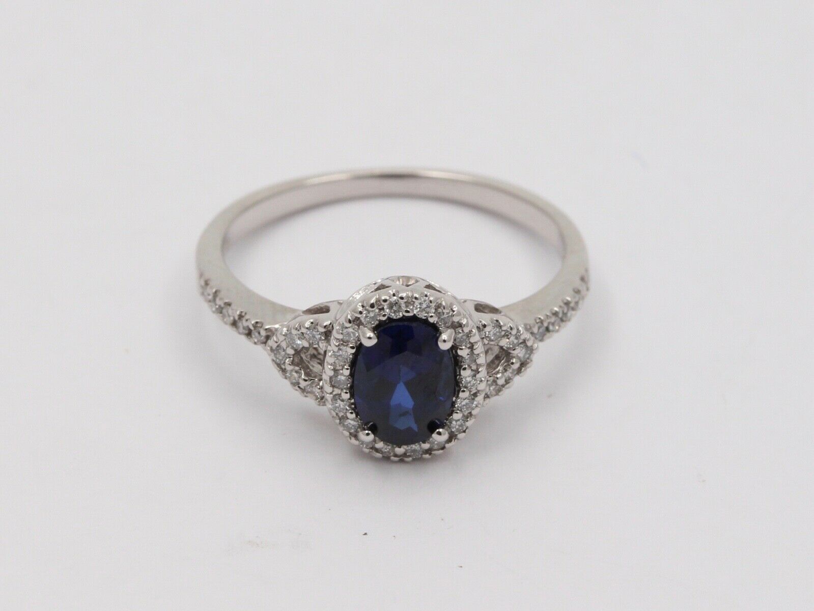 Vintage Cushion Cut Sapphire and Diamond Halo 14K White Gold Ring