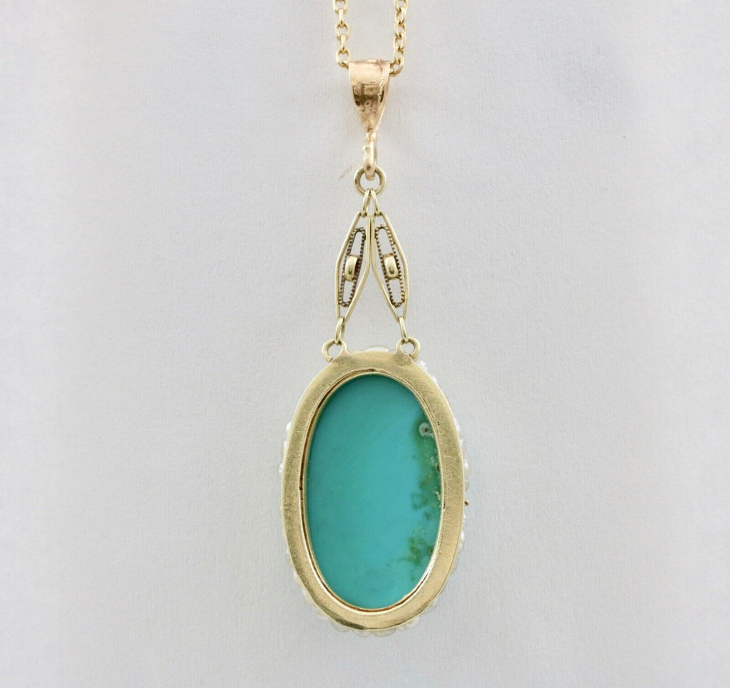 Antique 14K Yellow Gold Turquoise Pearl Seed Halo Pendant