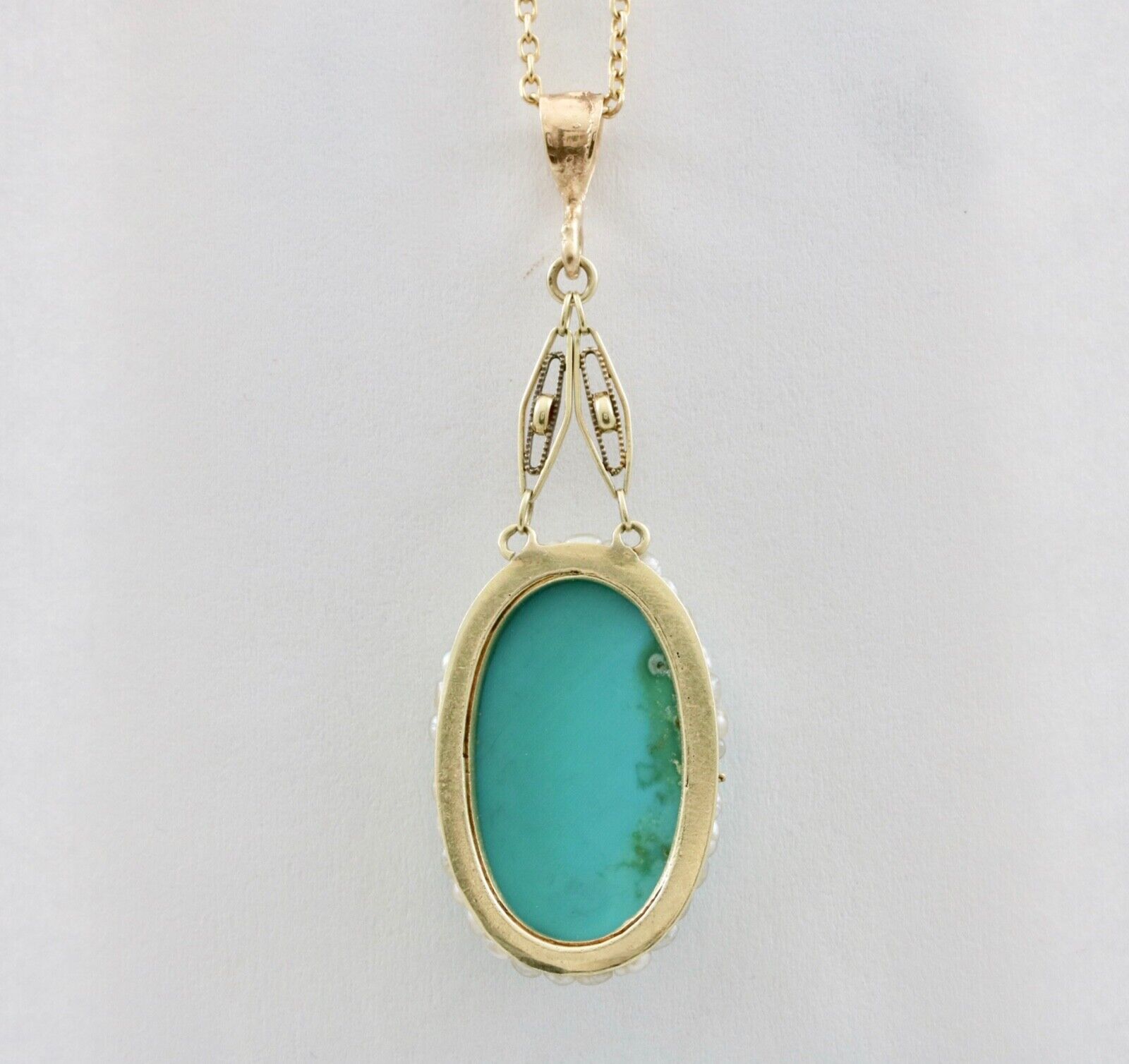 Antique 14K Yellow Gold Turquoise Pearl Seed Halo Pendant