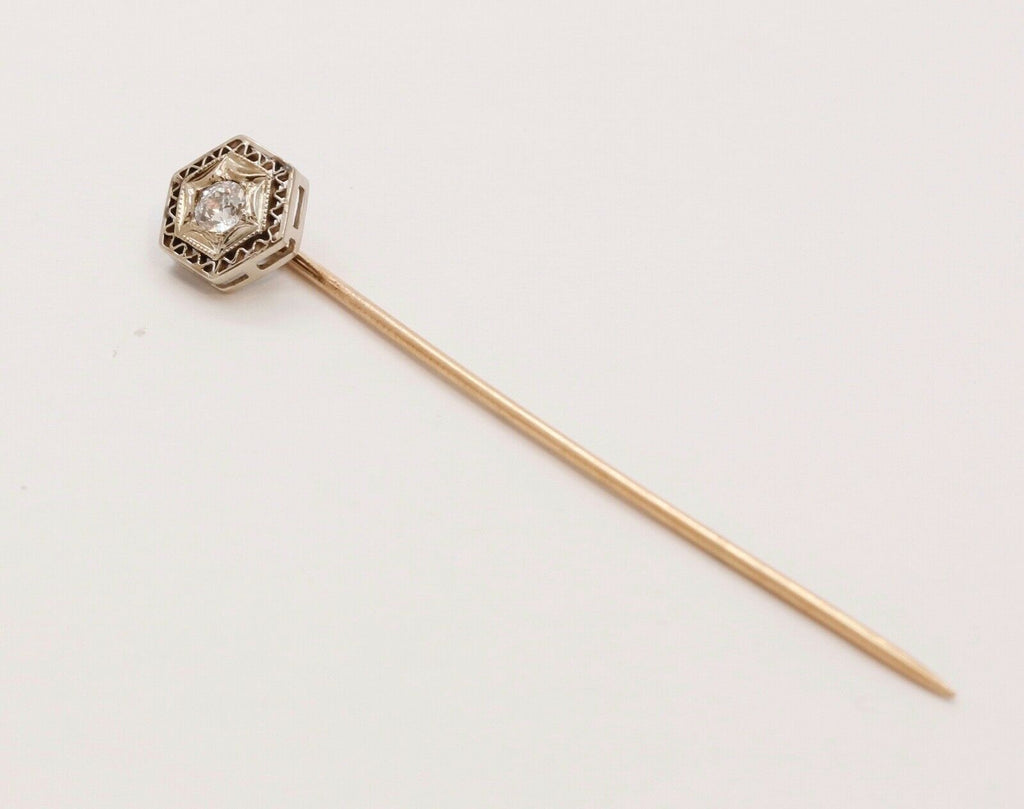 Art Deco Diamond 14K White and Yellow Gold Filagree Stick Pin
