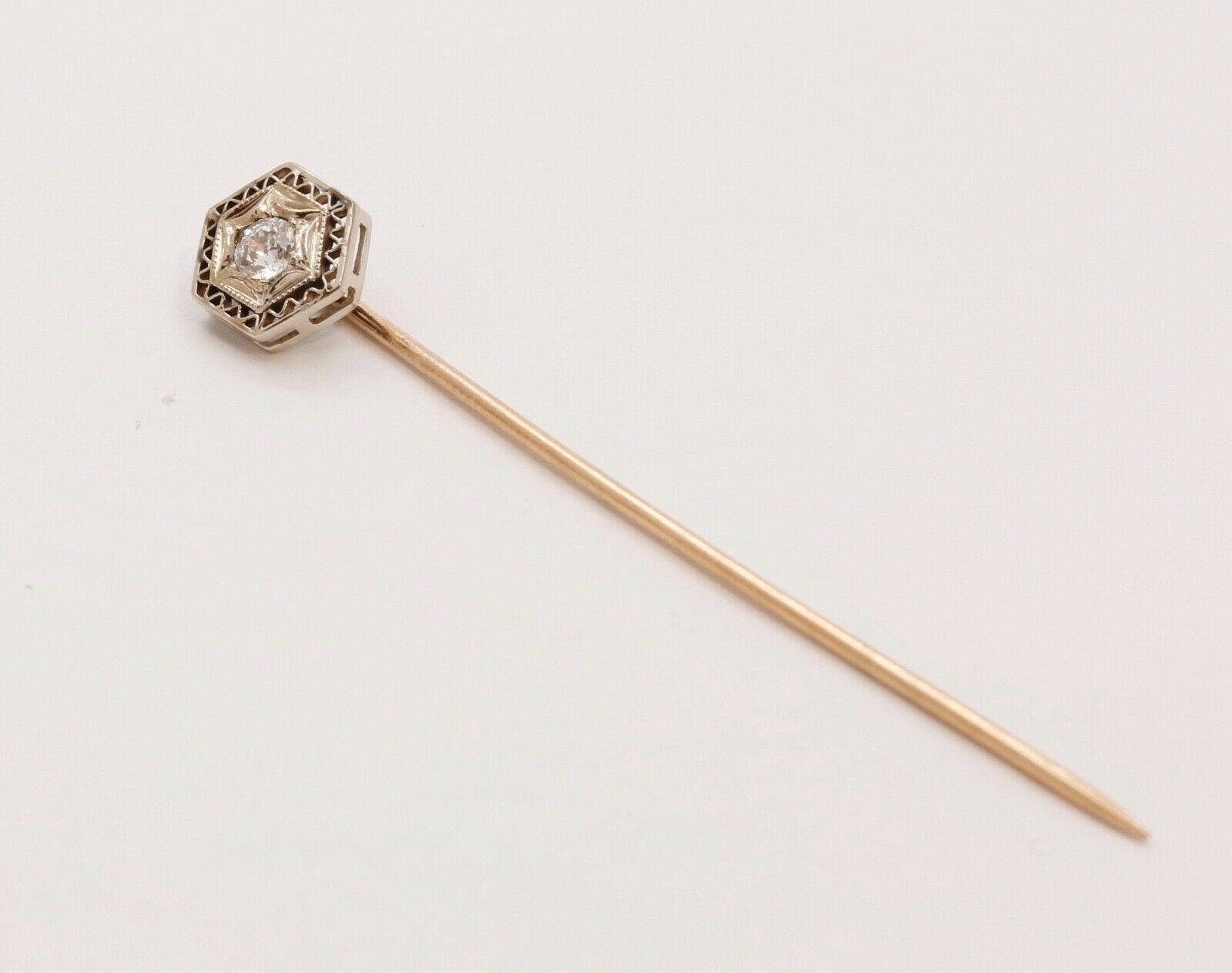 Art Deco Diamond 14K White and Yellow Gold Filagree Stick Pin