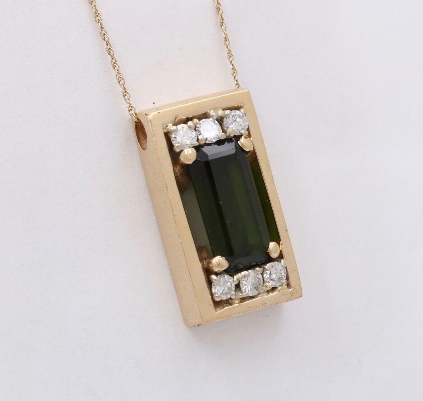 Vintage 14K Yellow Gold Tourmaline And Diamond 13.6 Grams Rectangle Pendant, Nec