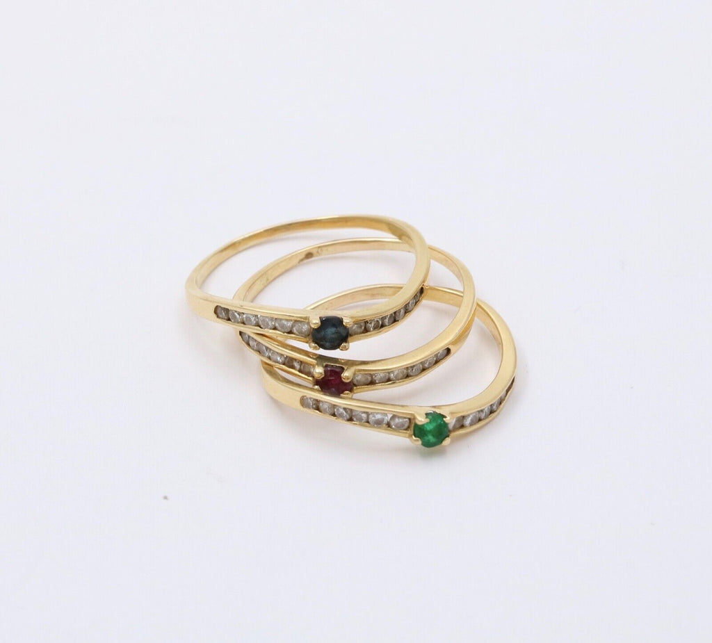 Vintage Trio Stacking Solitaire Emerald Sapphire Ruby 18K Yellow Gold Rings