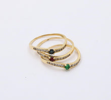 Load image into Gallery viewer, Vintage Trio Stacking Solitaire Emerald Sapphire Ruby 18K Yellow Gold Rings
