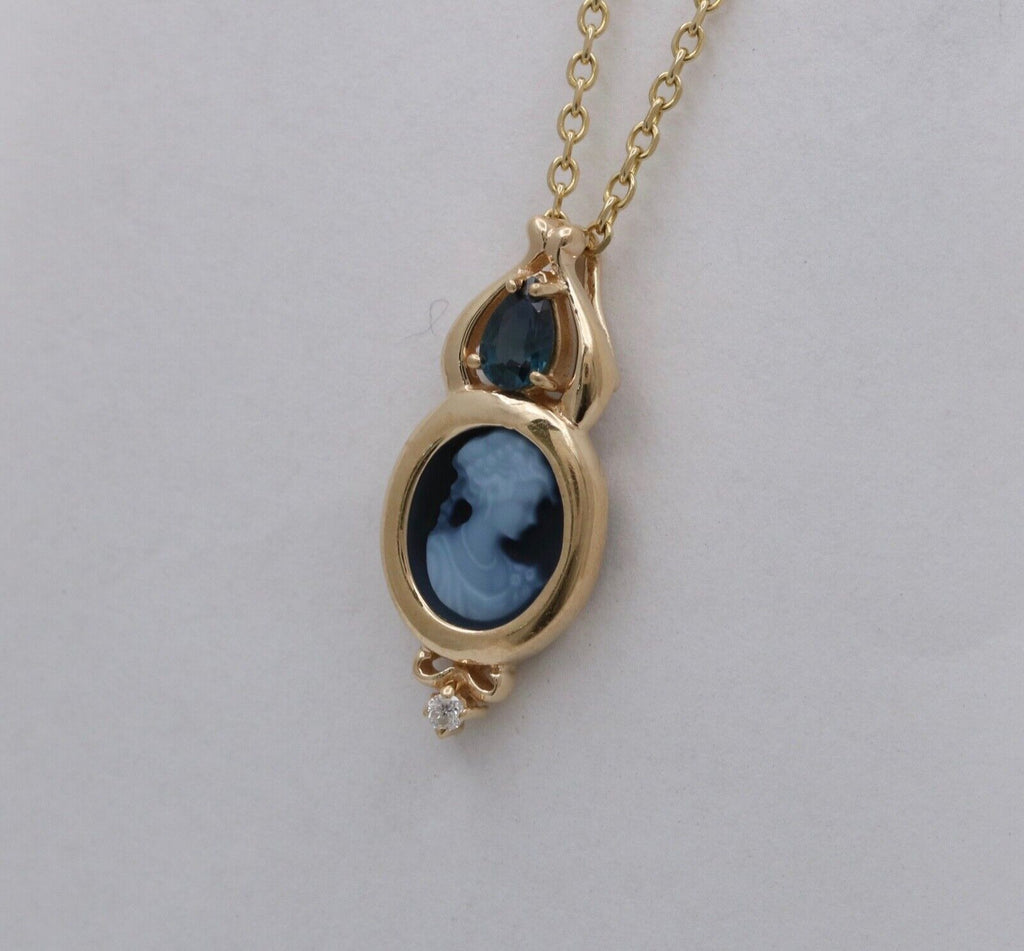 Vintage 14K Yellow Gold Black Cameo and Sapphire Pendant