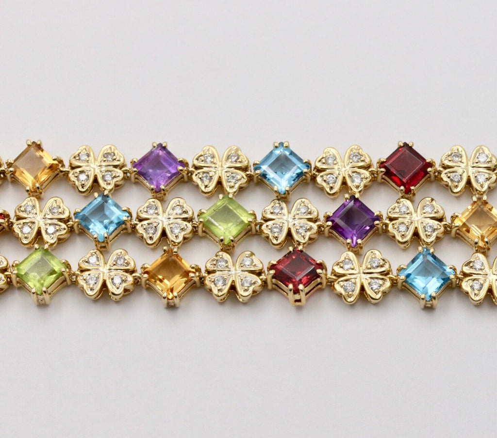 Estate Colorful 14K Yellow Gold Multi Color GemStones Three Layer Bracelet