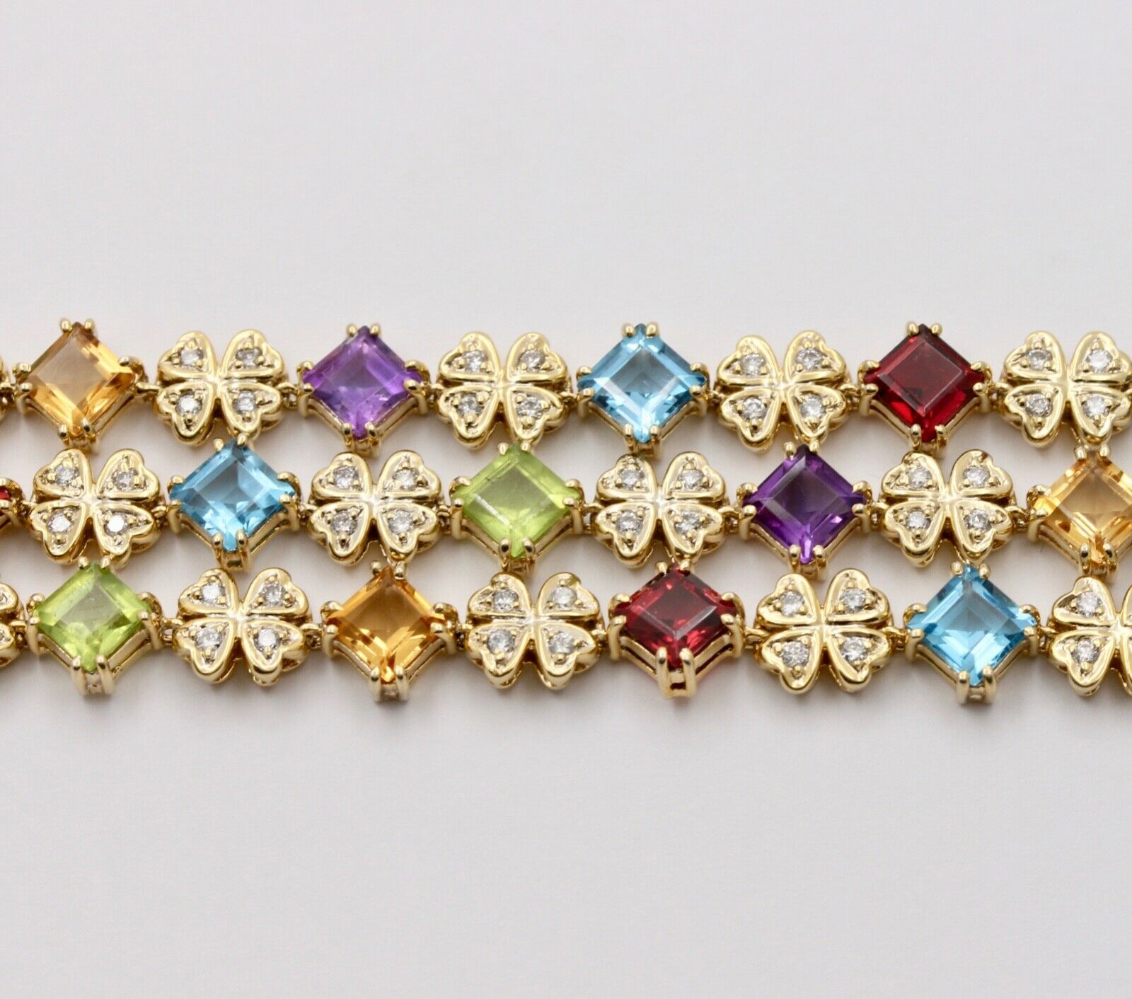 Estate Colorful 14K Yellow Gold Multi Color GemStones Three Layer Bracelet