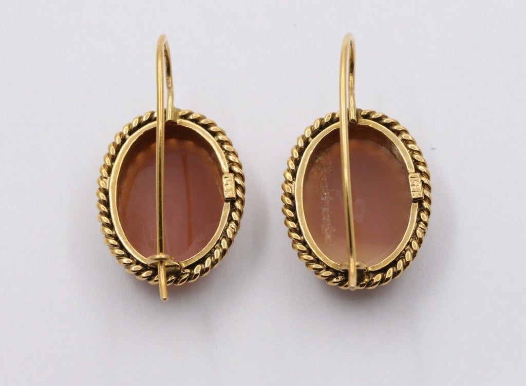 Victorian Revival Agate Cameo 14K Yellow Gold Earrings