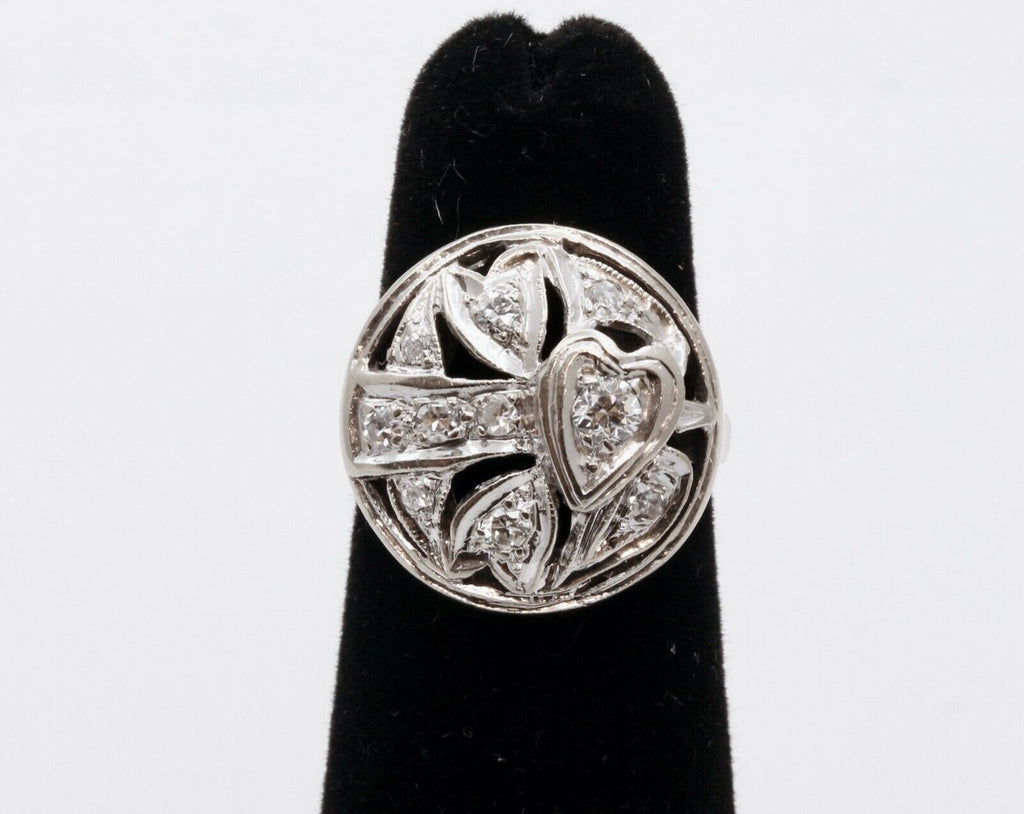 Art Deco Diamonds Hearts 14K White Gold Ring