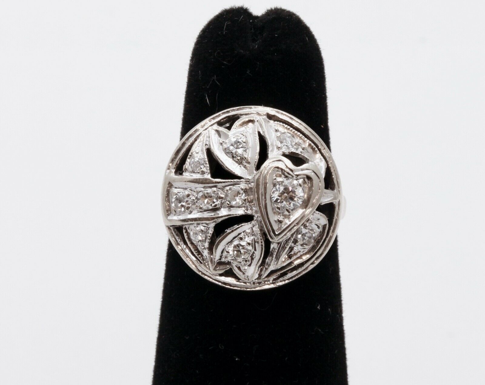 Art Deco Diamonds Hearts 14K White Gold Ring
