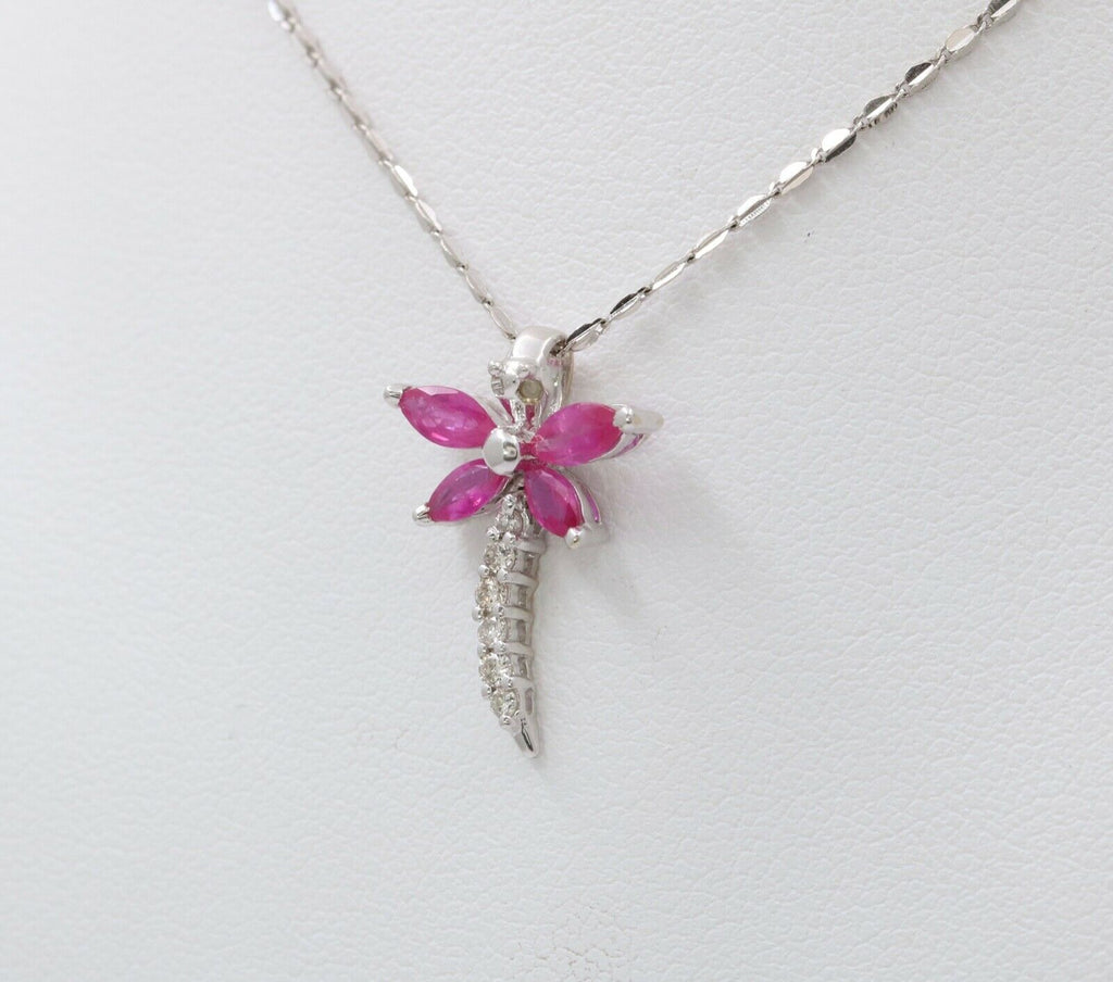 Sweet 14K White Gold Ruby Diamond Dragonfly Pendant Necklace