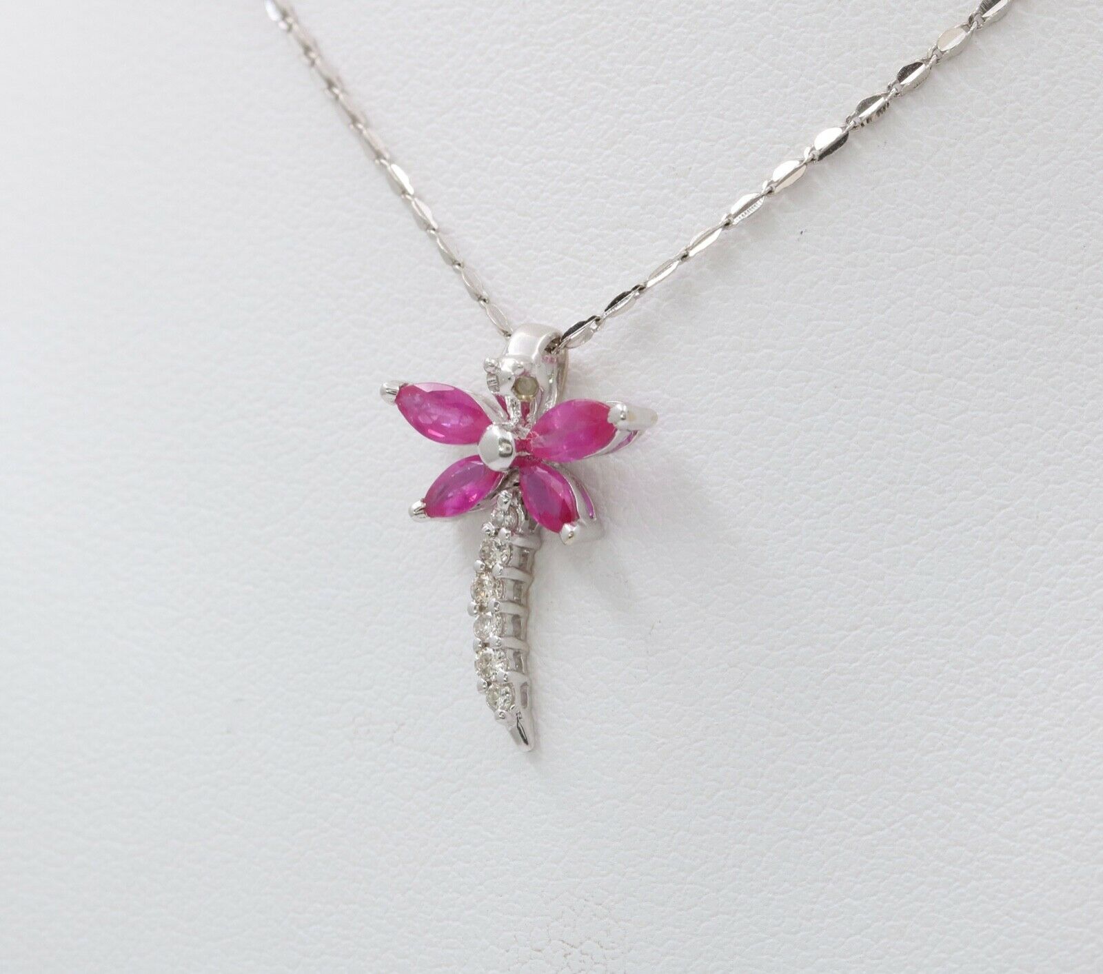 Sweet 14K White Gold Ruby Diamond Dragonfly Pendant Necklace