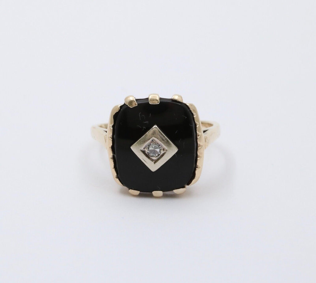 Antique 14K Yellow Gold Rectangle Onyx Diamond Ring, Antique Ring