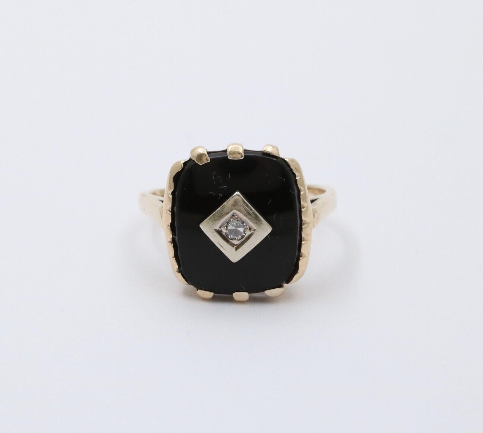 Antique 14K Yellow Gold Rectangle Onyx Diamond Ring, Antique Ring