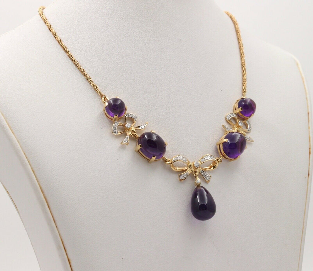 Estate Chandelier Amethyst Diamonds 14K Yellow Gold Necklace