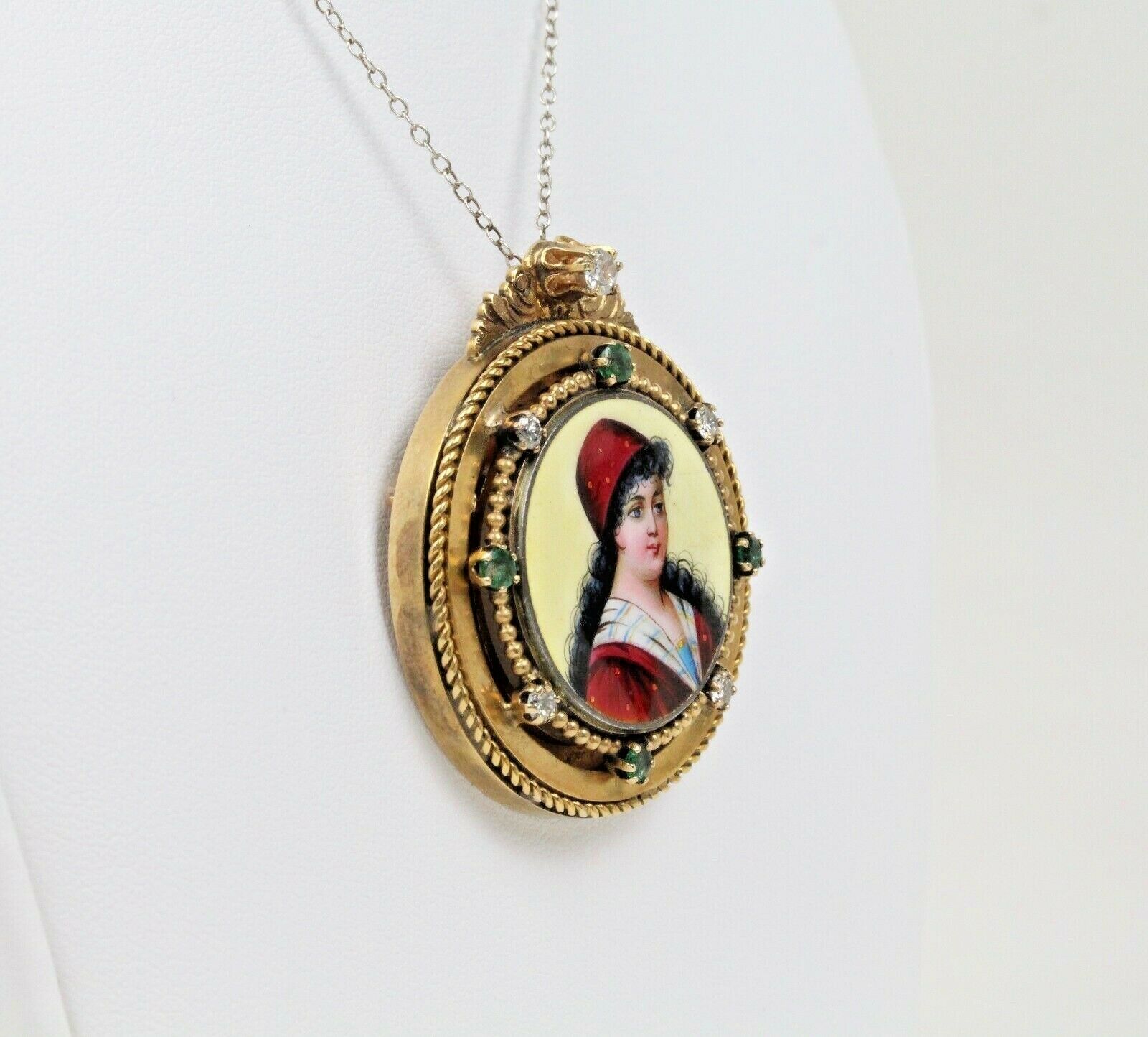 Vintage Victorian Enamel Portrait Pendant Pin Brooch With Diamonds and Emeralds