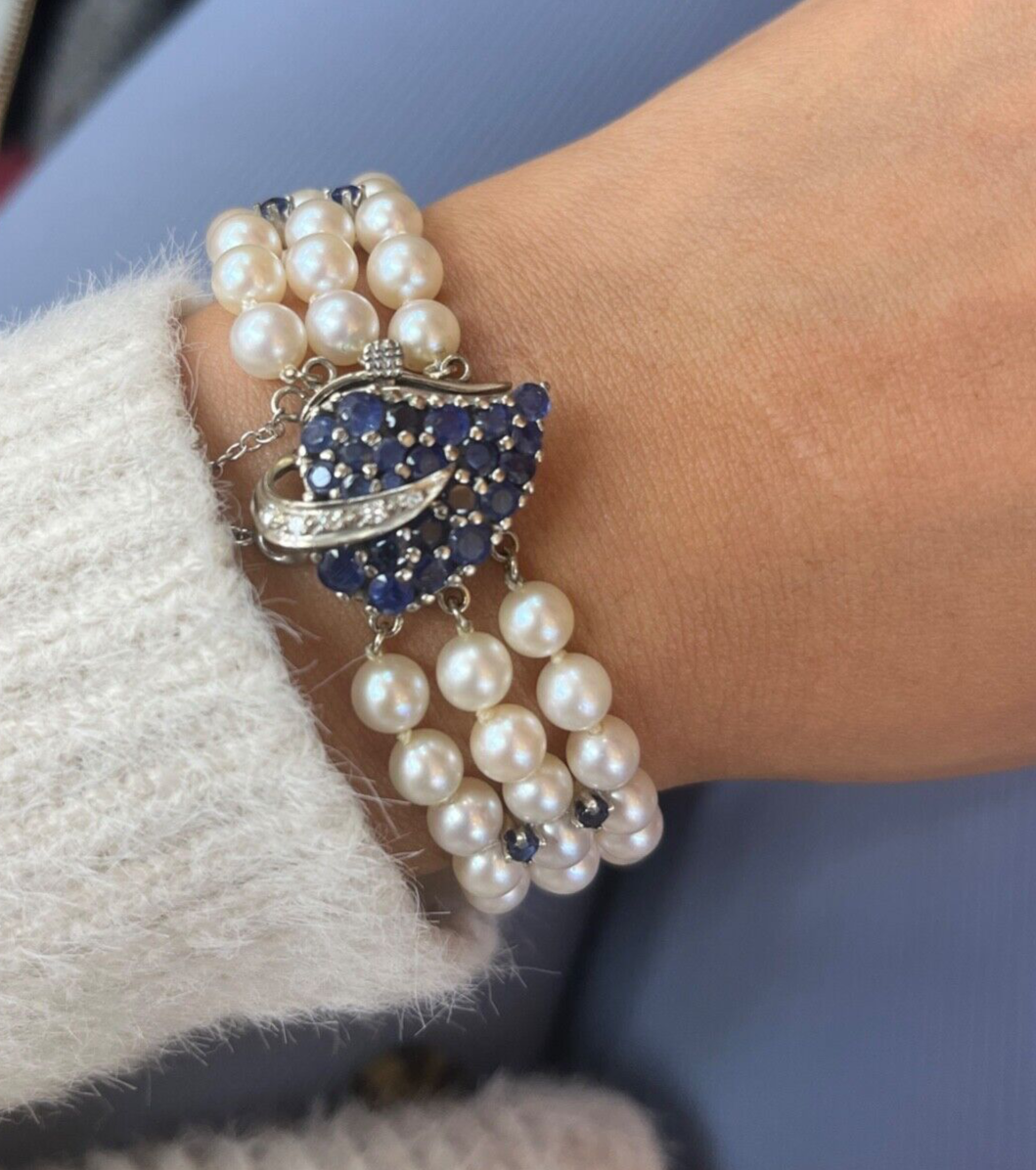 Vintage 3 Strand Beaded Pearl, Sapphire and Diamond Bracelet