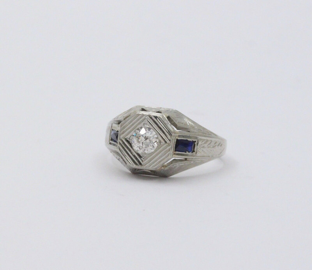 Antique Art Deco 14K White Gold Diamond & Sapphire Ring, Engagement Ring.