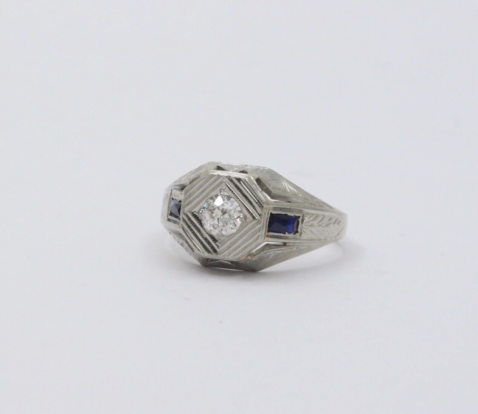 Antique Art Deco 14K White Gold Diamond & Sapphire Ring, Engagement Ring.