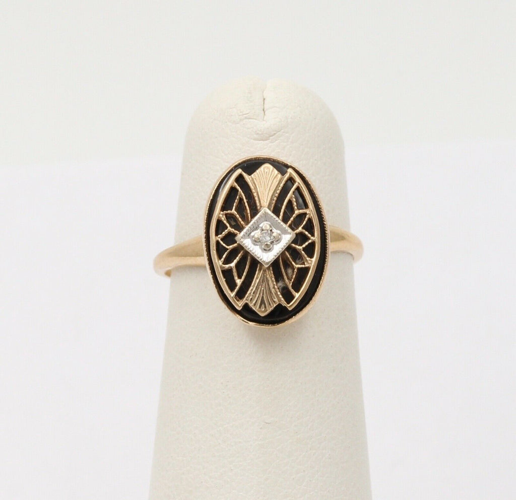 Art Deco PSCO Diamond Onyx 10K Yellow white Gold Ring