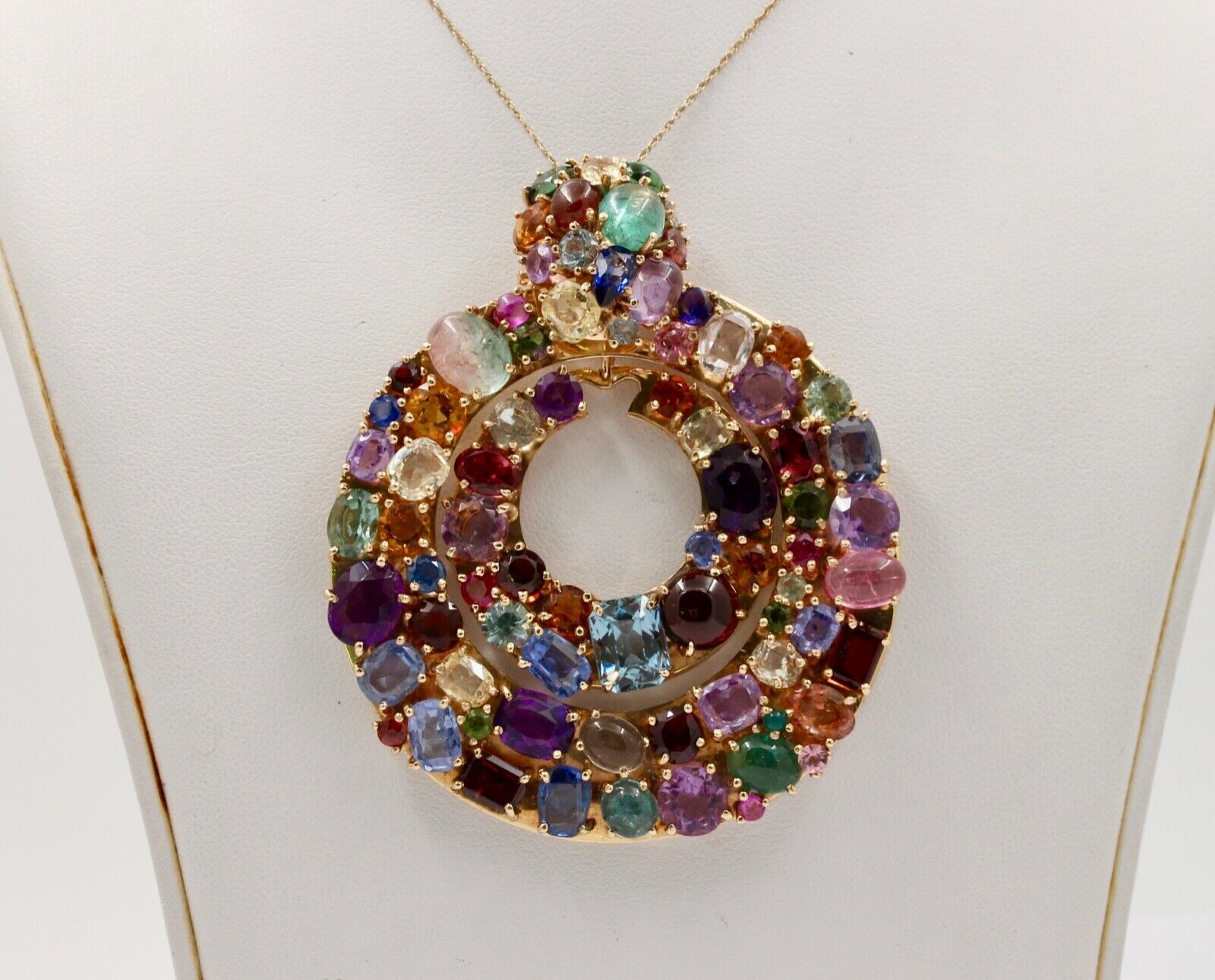 Funky Vintage Multi-Color Gem Stones Large Disc Pendant, Necklace .