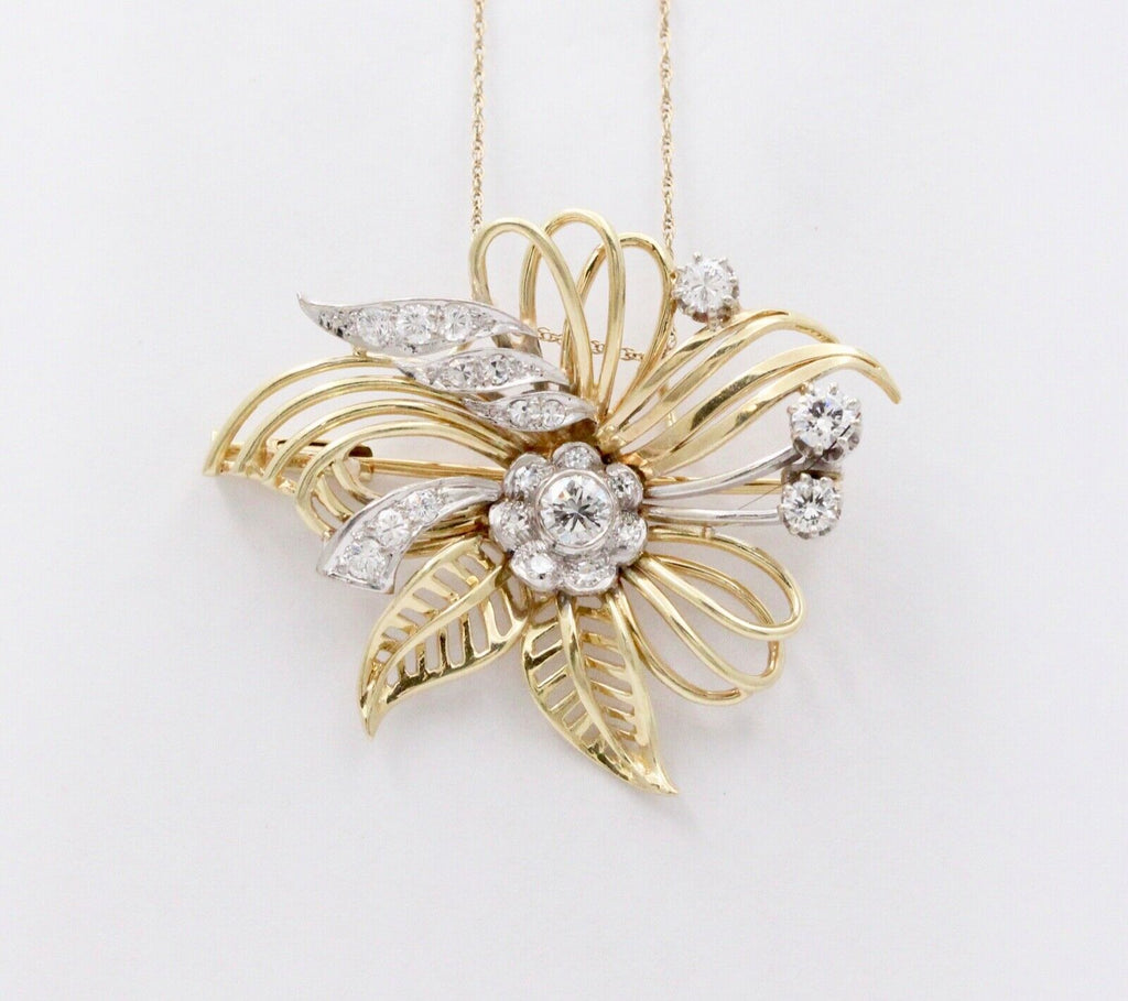 Vintage Flower Diamonds 14K Yellow Gold Pendant Brooch Pin